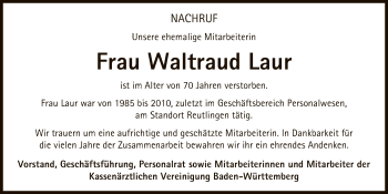 Anzeige von Waltraud Laur von Reutlinger General-Anzeiger