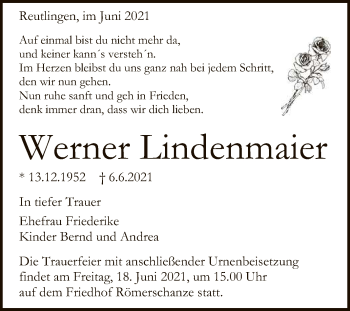 Anzeige von Werner Lindenmaier von Reutlinger General-Anzeiger