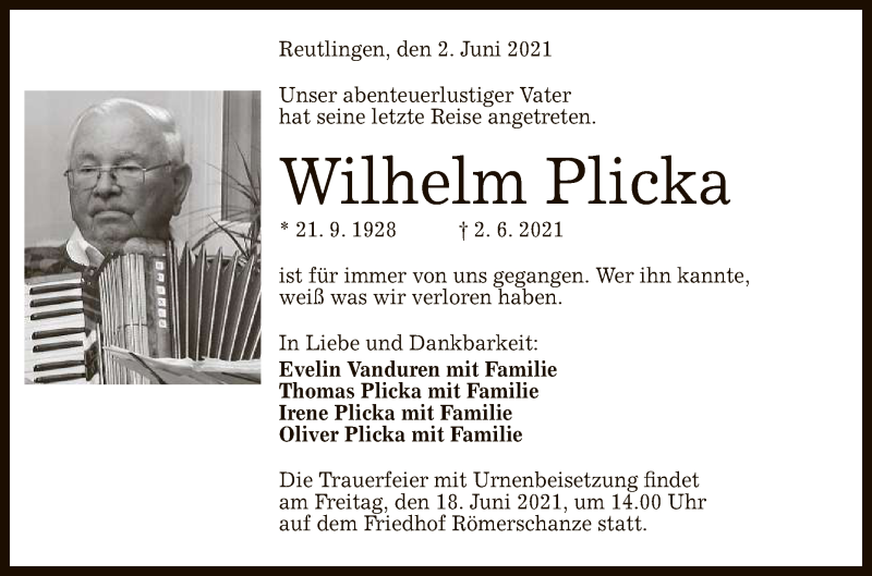  Traueranzeige für Wilhelm Plicka vom 12.06.2021 aus Reutlinger General-Anzeiger