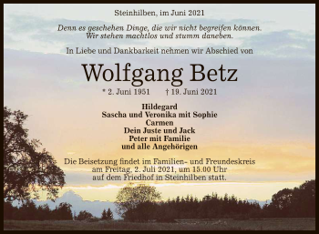 Anzeige von Wolfgang Betz von Reutlinger General-Anzeiger