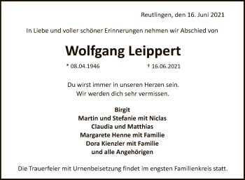 Anzeige von Wolfgang Leippert von Reutlinger General-Anzeiger