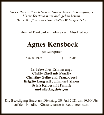 Anzeige von Agnes Kensbock von Reutlinger General-Anzeiger