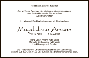 Anzeige von Albert Schweitzer von Reutlinger General-Anzeiger