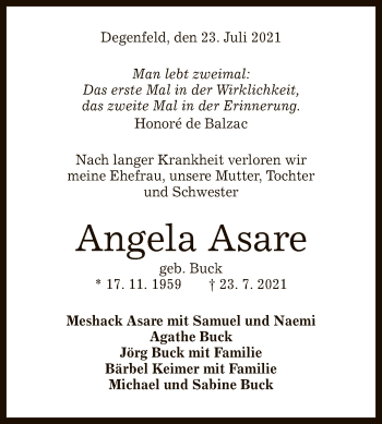 Anzeige von Angela Asare von Reutlinger General-Anzeiger