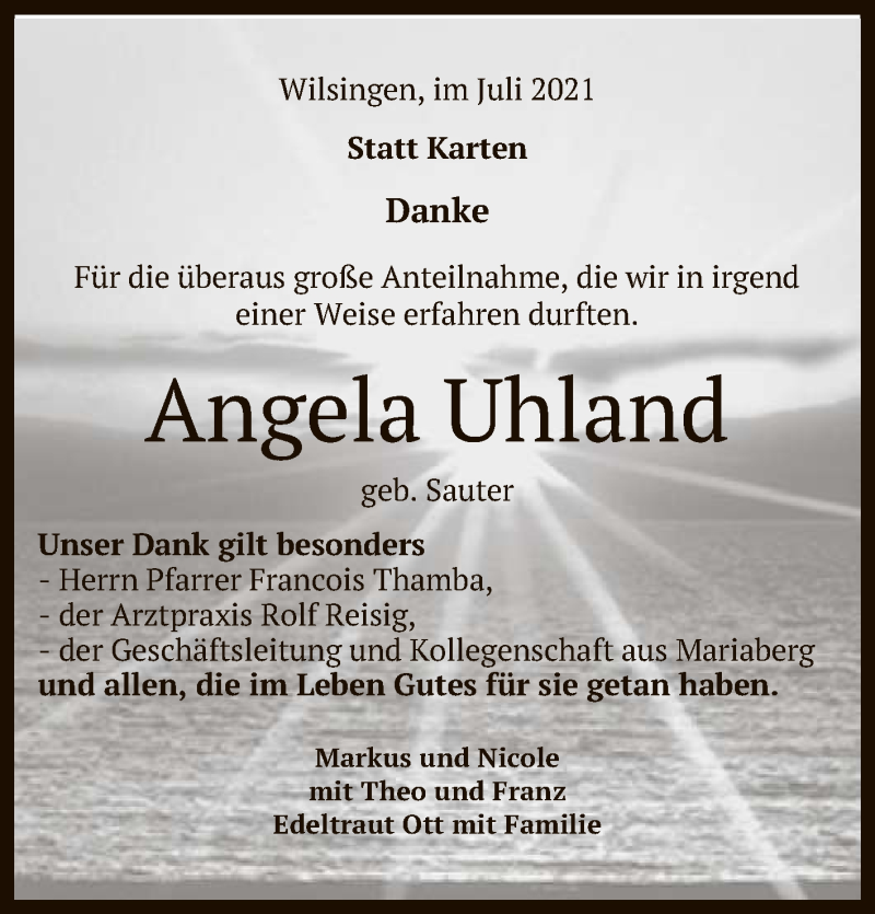  Traueranzeige für Angela Uhland vom 22.07.2021 aus Reutlinger General-Anzeiger