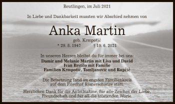 Anzeige von Anka Martin von Reutlinger General-Anzeiger