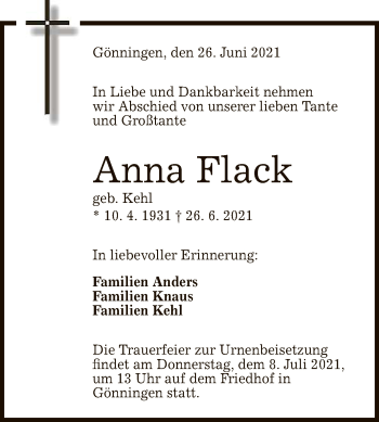 Anzeige von Anna Flack von Reutlinger General-Anzeiger
