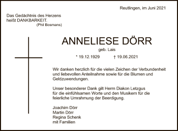 Anzeige von Anneliese Dörr von Reutlinger General-Anzeiger
