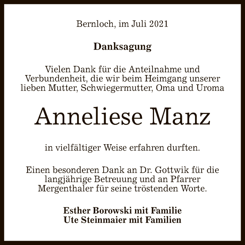  Traueranzeige für Anneliese Manz vom 03.07.2021 aus Reutlinger General-Anzeiger