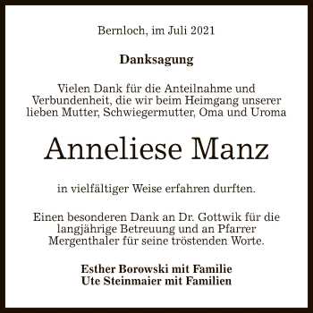 Anzeige von Anneliese Manz von Reutlinger General-Anzeiger