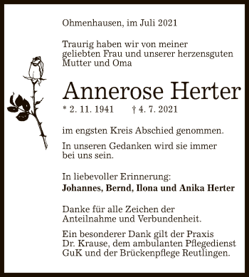 Anzeige von Annerose Herter von Reutlinger General-Anzeiger