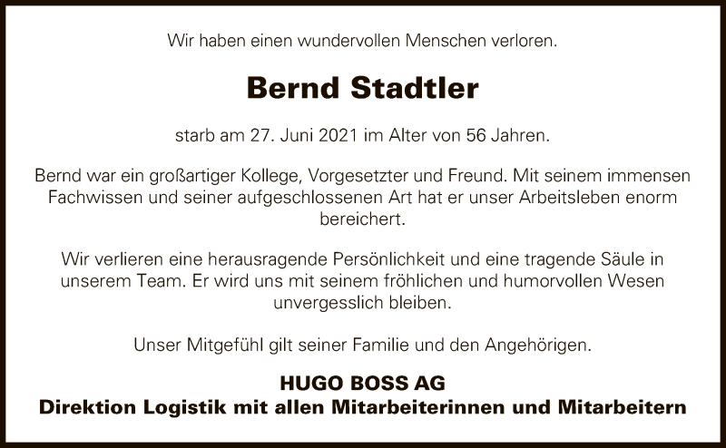  Traueranzeige für Bernd Stadtler vom 03.07.2021 aus Reutlinger General-Anzeiger