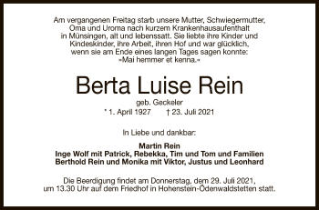 Anzeige von Berta Luise Rein von Reutlinger General-Anzeiger