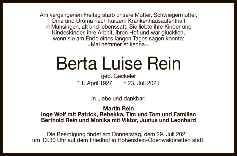  Traueranzeige für Berta Luise Rein vom 27.07.2021 aus Reutlinger General-Anzeiger