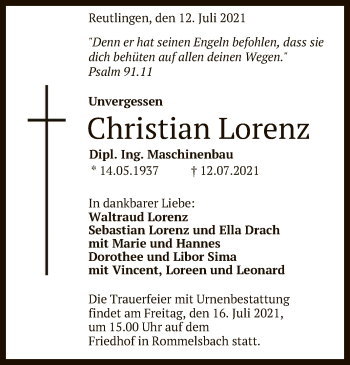 Anzeige von Christian Lorenz von Reutlinger General-Anzeiger