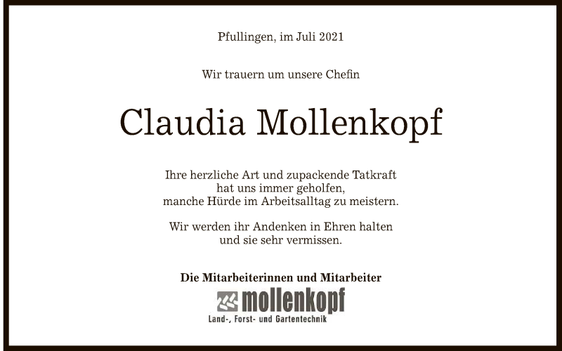  Traueranzeige für Claudia Mollenkopf vom 27.07.2021 aus Reutlinger General-Anzeiger