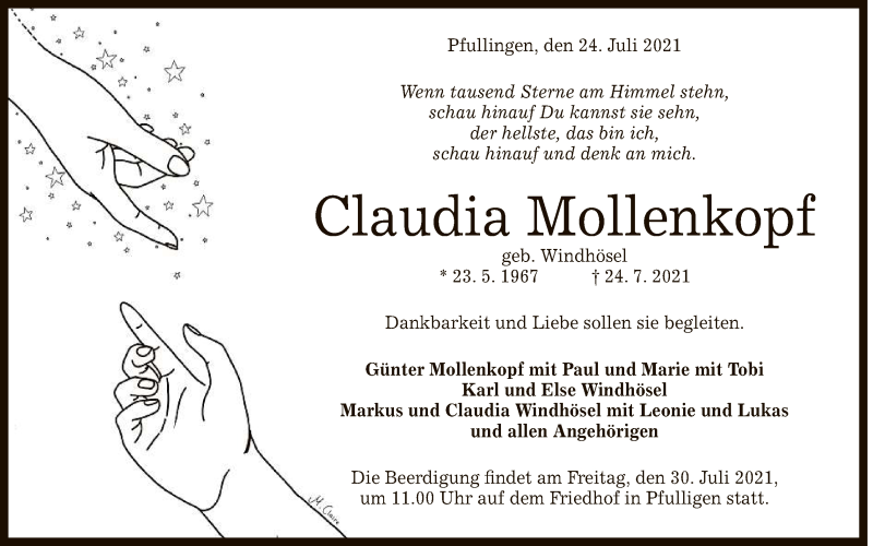  Traueranzeige für Claudia Mollenkopf vom 27.07.2021 aus Reutlinger General-Anzeiger