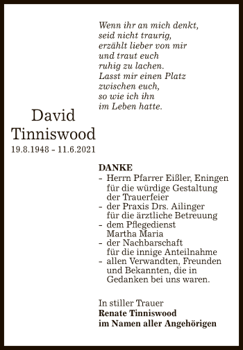 Anzeige von David Tinniswood von Reutlinger General-Anzeiger