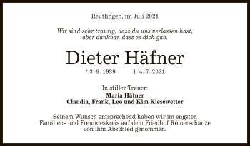 Anzeige von Dieter Häfner von Reutlinger General-Anzeiger
