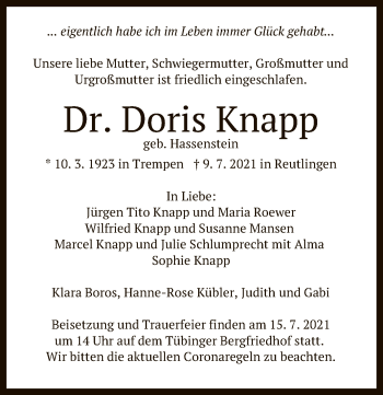 Anzeige von Doris Knapp von Reutlinger General-Anzeiger