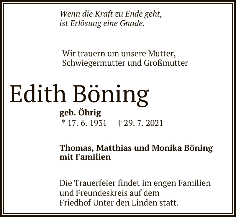  Traueranzeige für Edith Böning vom 31.07.2021 aus Reutlinger General-Anzeiger