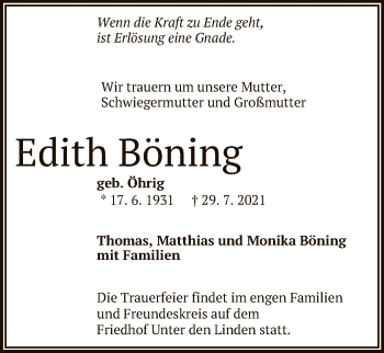 Anzeige von Edith Böning von Reutlinger General-Anzeiger