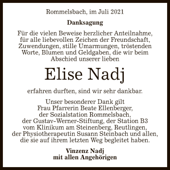 Anzeige von Elise Nadj von Reutlinger General-Anzeiger