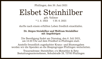 Anzeige von Elsbet Steinhilber von Reutlinger General-Anzeiger
