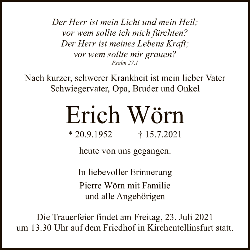  Traueranzeige für Erich Wörn vom 20.07.2021 aus Reutlinger General-Anzeiger