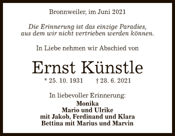 Anzeige von Ernst Künstle von Reutlinger General-Anzeiger