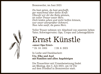 Anzeige von Ernst Künstle von Reutlinger General-Anzeiger