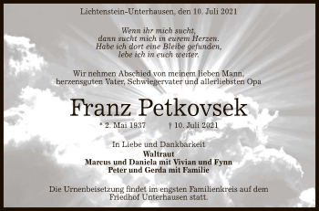 Anzeige von Franz Petkovsek von Reutlinger General-Anzeiger