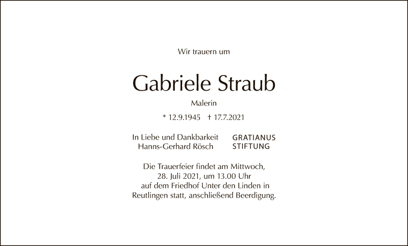  Traueranzeige für Gabriele Straub vom 24.07.2021 aus Reutlinger General-Anzeiger