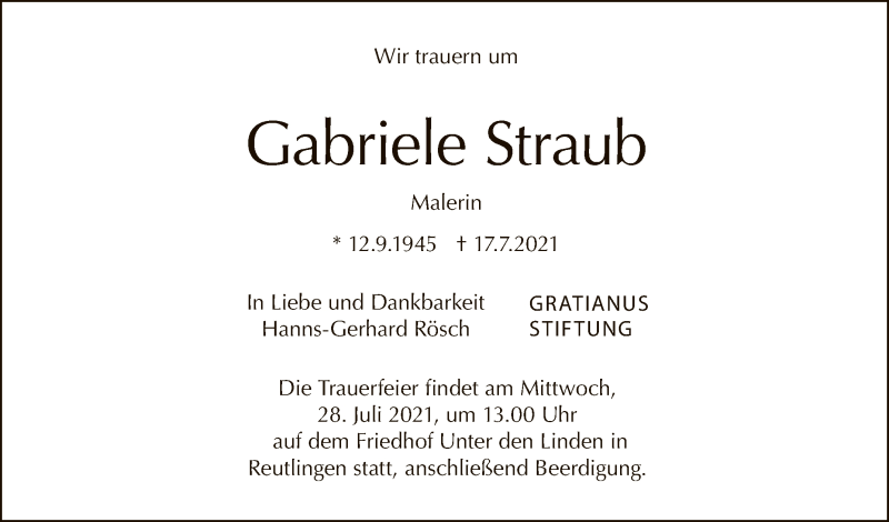  Traueranzeige für Gabriele Straub vom 23.07.2021 aus Reutlinger General-Anzeiger