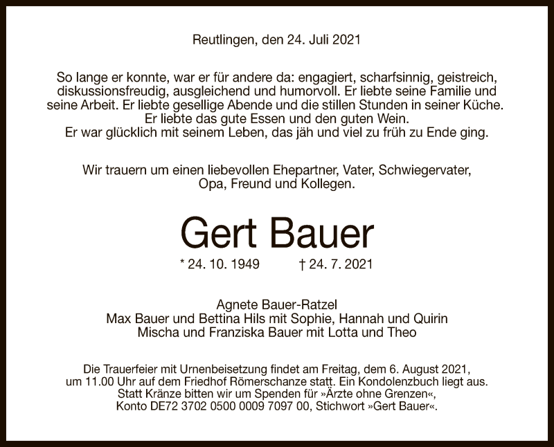  Traueranzeige für Gert Bauer vom 31.07.2021 aus Reutlinger General-Anzeiger
