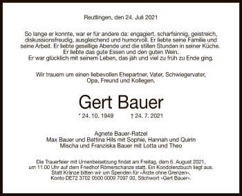 Anzeige von Gert Bauer von Reutlinger General-Anzeiger