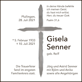 Anzeige von Gisela Senner von Reutlinger General-Anzeiger
