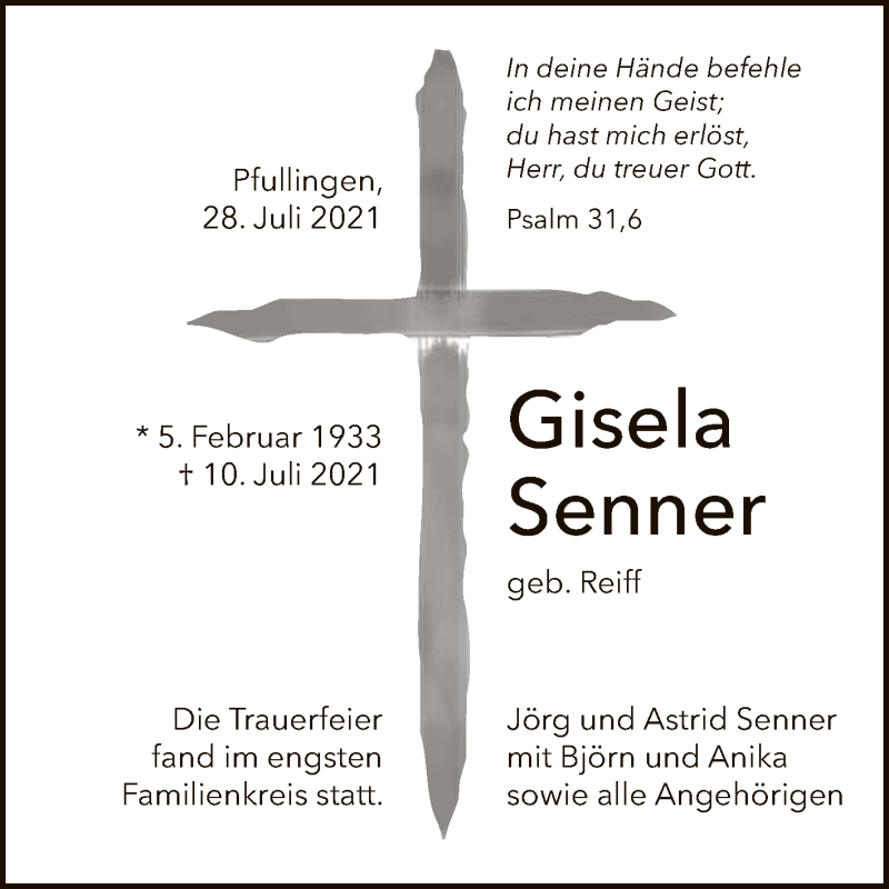  Traueranzeige für Gisela Senner vom 28.07.2021 aus Reutlinger General-Anzeiger