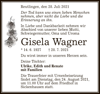 Anzeige von Gisela Wagner von Reutlinger General-Anzeiger