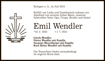 Anzeige von Gisela Wendler von Reutlinger General-Anzeiger