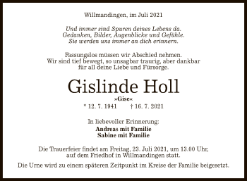 Anzeige von Gislinde Holl von Reutlinger General-Anzeiger