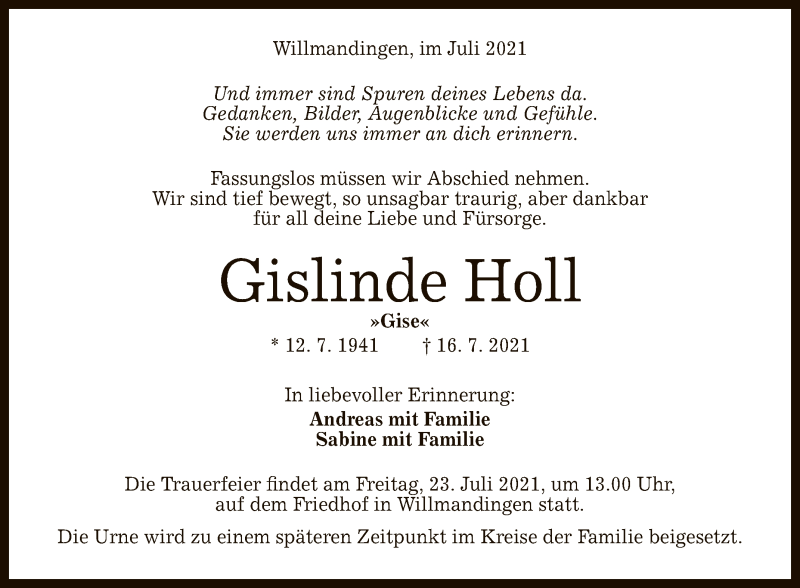 Traueranzeige für Gislinde Holl vom 21.07.2021 aus Reutlinger General-Anzeiger