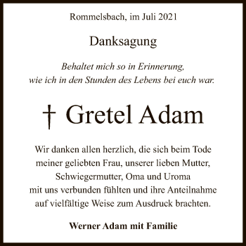 Anzeige von Gretel Adam von Reutlinger General-Anzeiger
