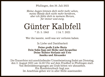 Anzeige von Günter Kalbfell von Reutlinger General-Anzeiger