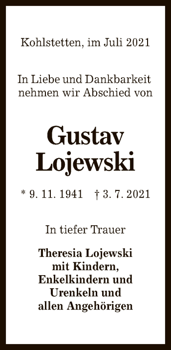 Anzeige von Gustav Lojewski von Reutlinger General-Anzeiger