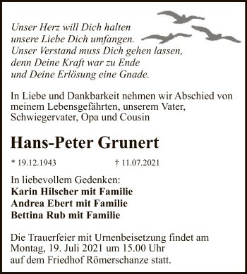 Anzeige von Hans-Peter Grunert von Reutlinger General-Anzeiger