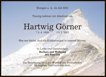 Anzeige von Hartwig Görner von Reutlinger General-Anzeiger