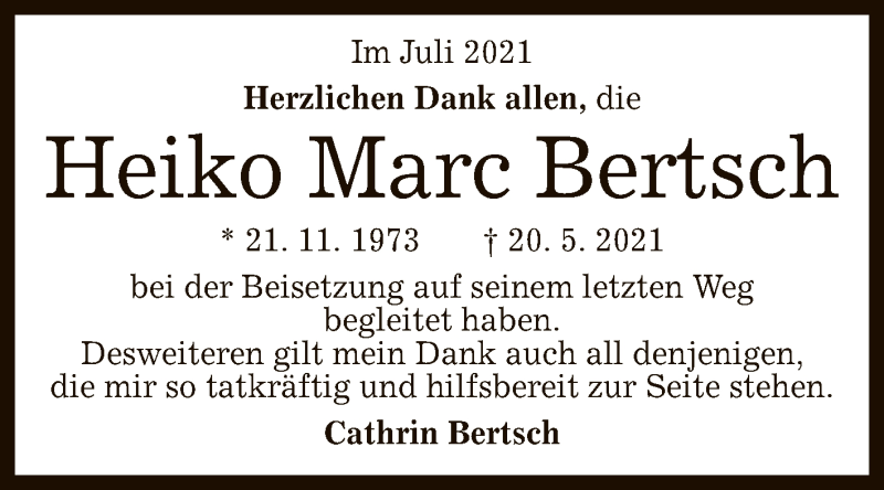  Traueranzeige für Heiko Marc Bertsch vom 24.07.2021 aus Reutlinger General-Anzeiger