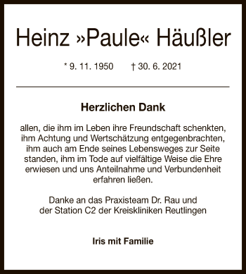 Anzeige von Heinz Häußler von Reutlinger General-Anzeiger