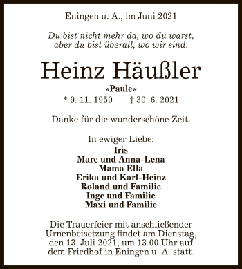 Anzeige von Heinz Häußler von Reutlinger General-Anzeiger